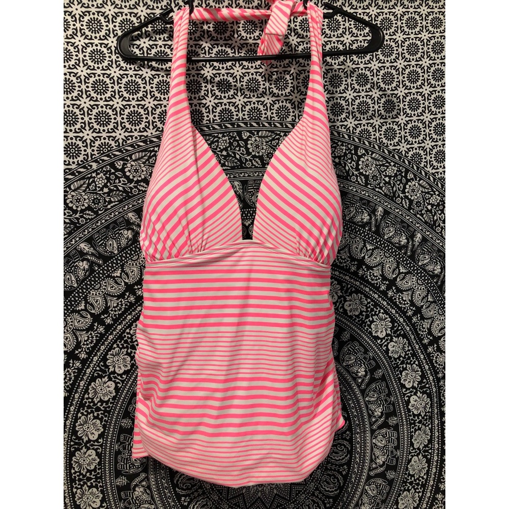 Pink and white striped tankini
